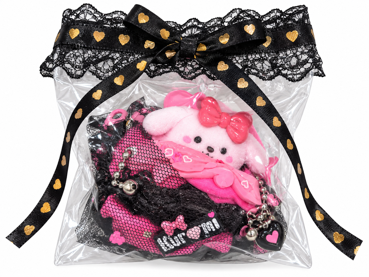 Pink Bunny Plush Charm with Black Lace Bow