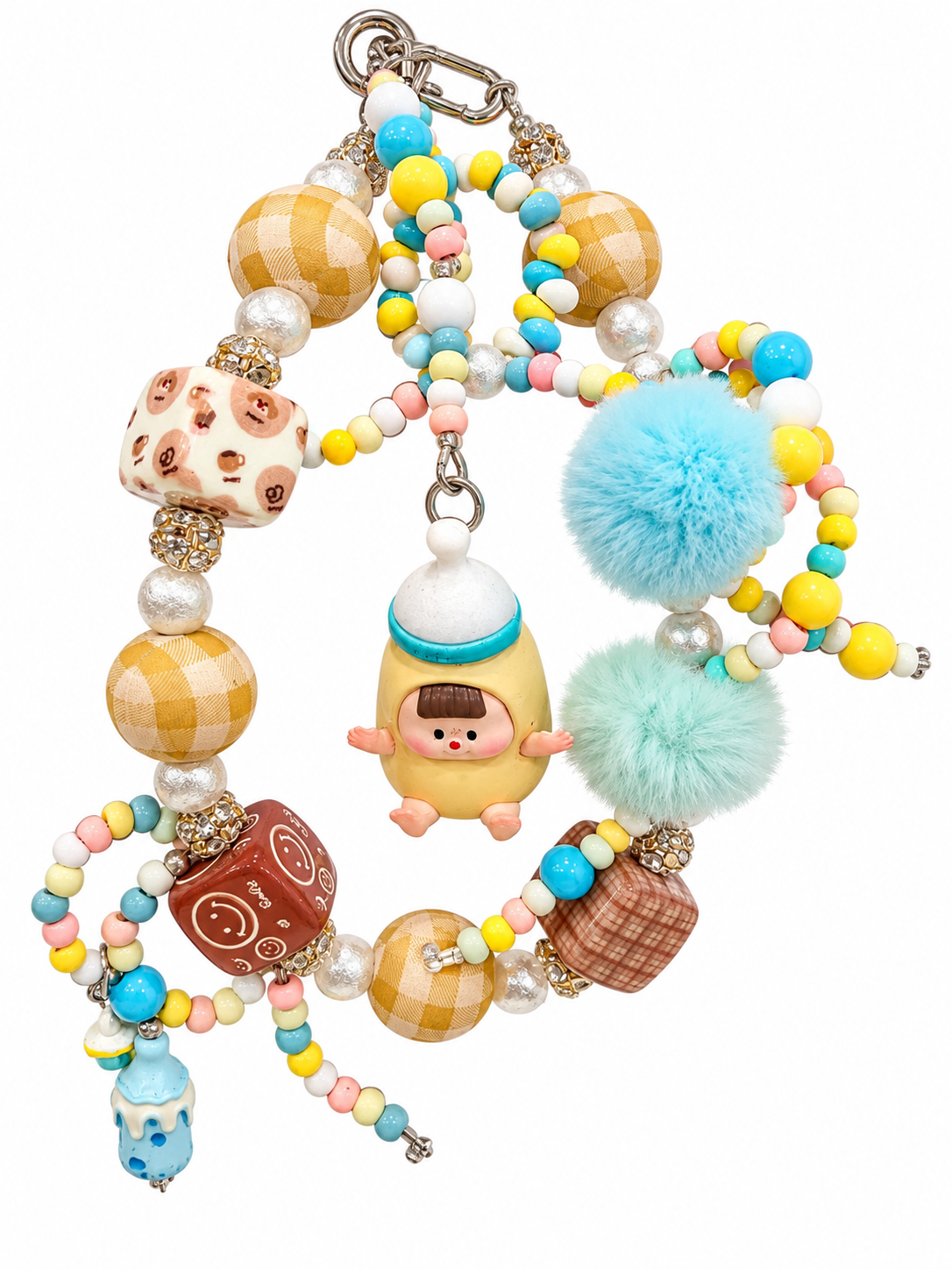 Colorful Beaded Bag Charm with Pom Poms & Cute Pendants