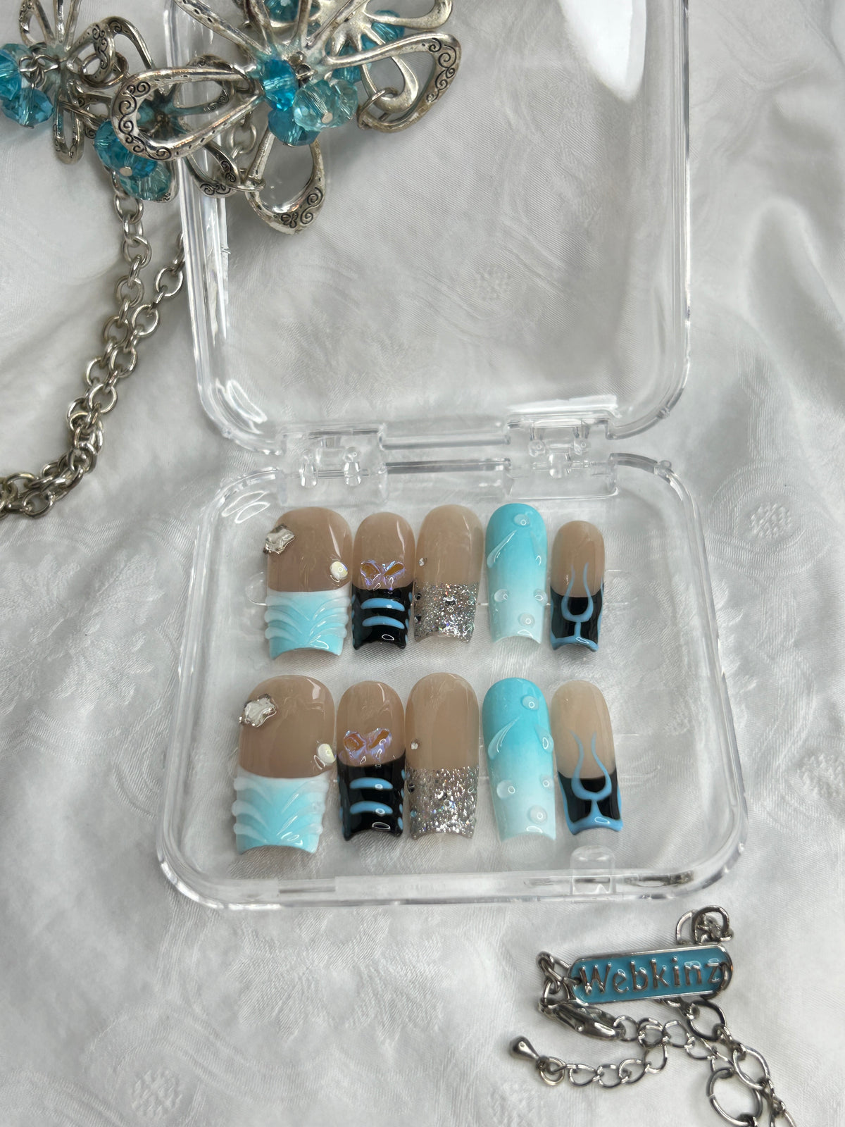Blue & Black Handmade Press-On Nails Set – Short Length