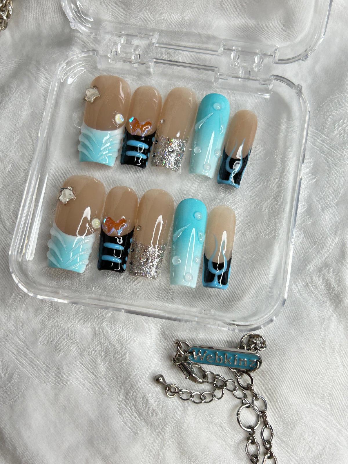Blue & Black Handmade Press-On Nails Set – Short Length