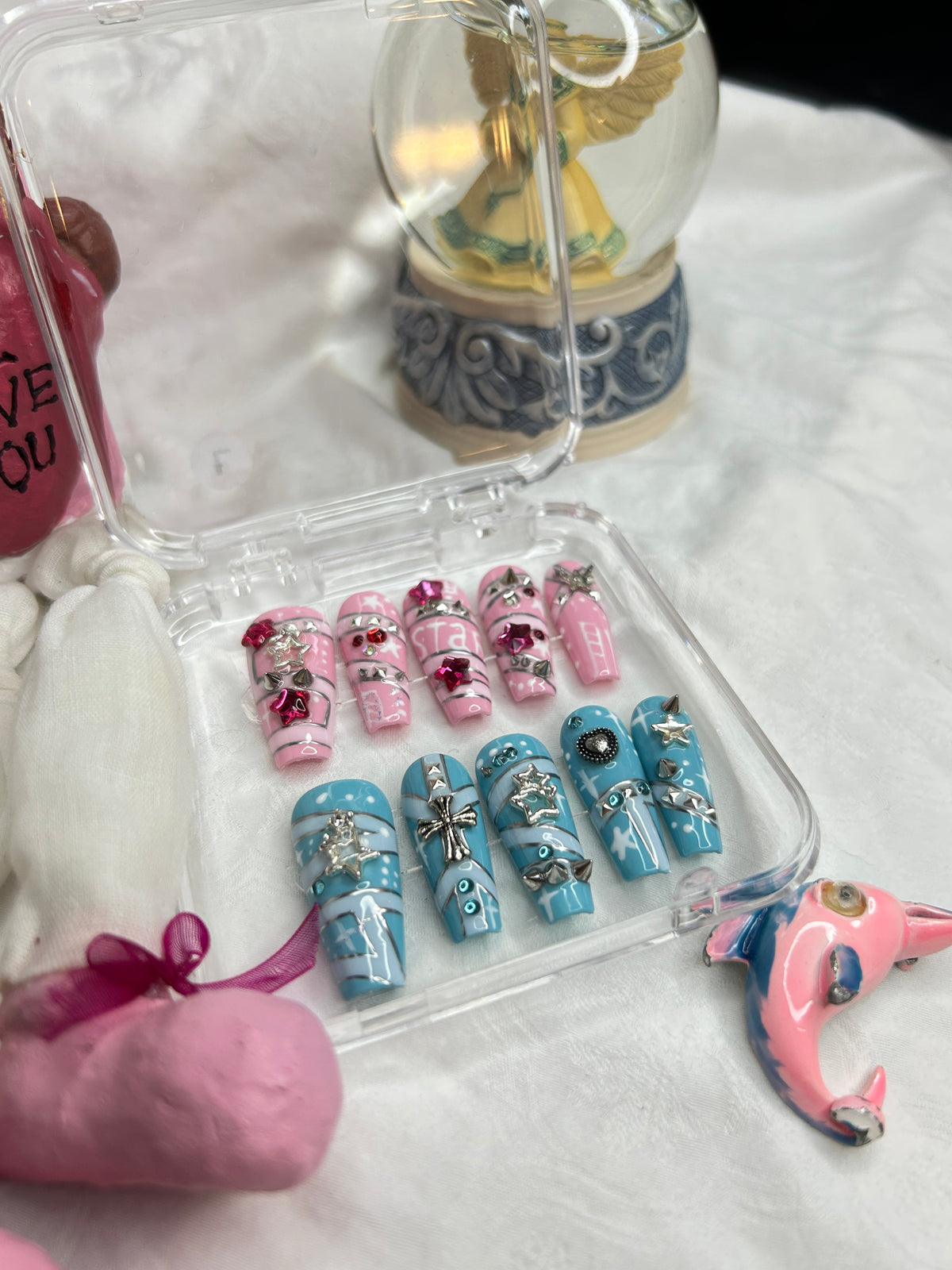 Pink & Blue Love Heart Press-On Nails Set
