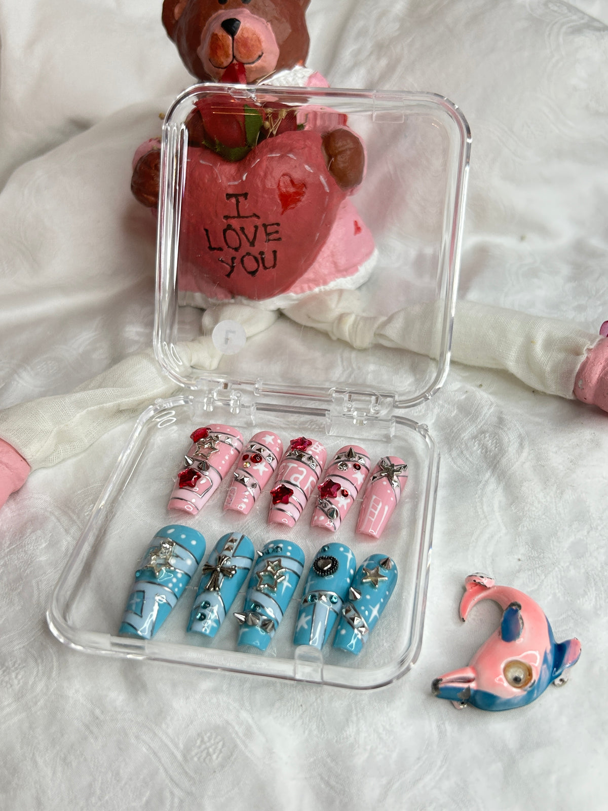 Pink & Blue Love Heart Press-On Nails Set