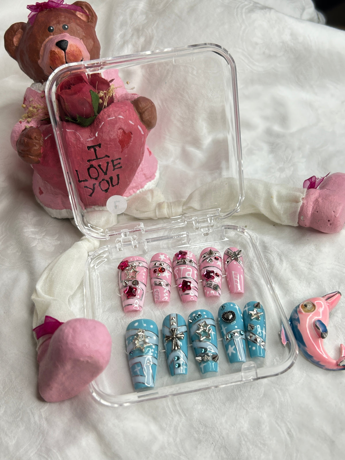 Pink & Blue Love Heart Press-On Nails Set