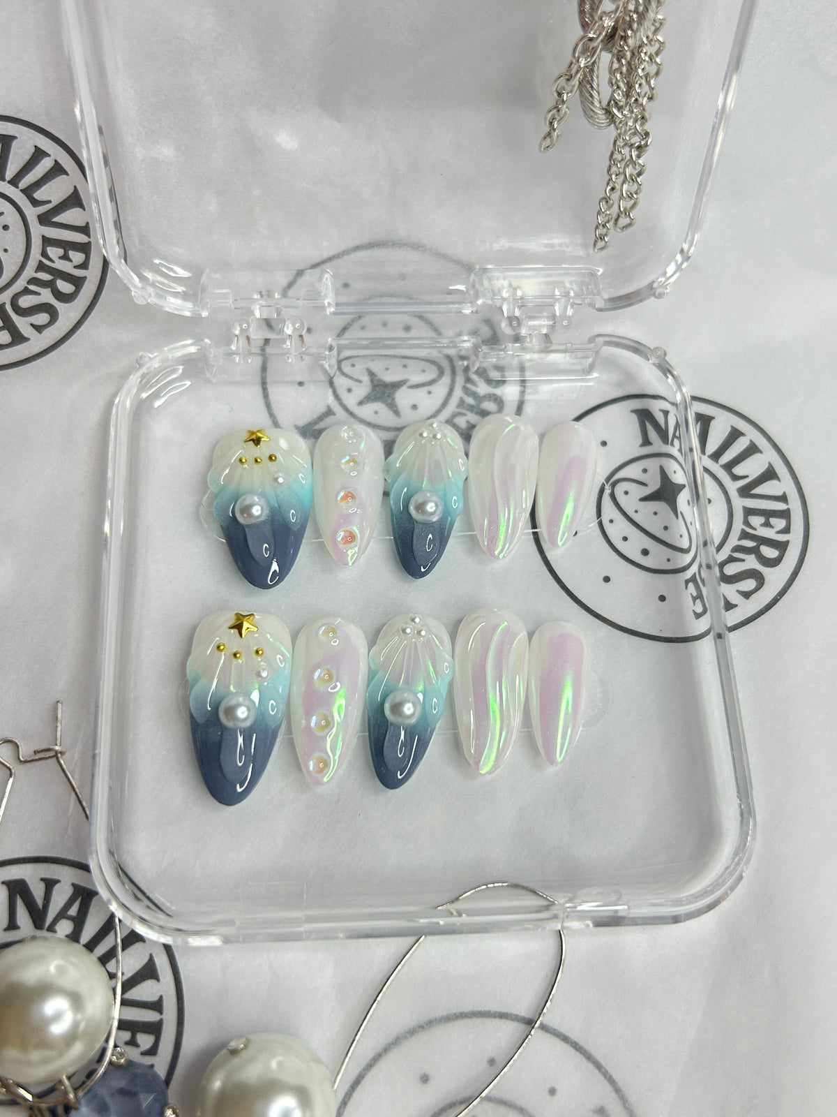 Blue Green Pearl Press-On Nails Set