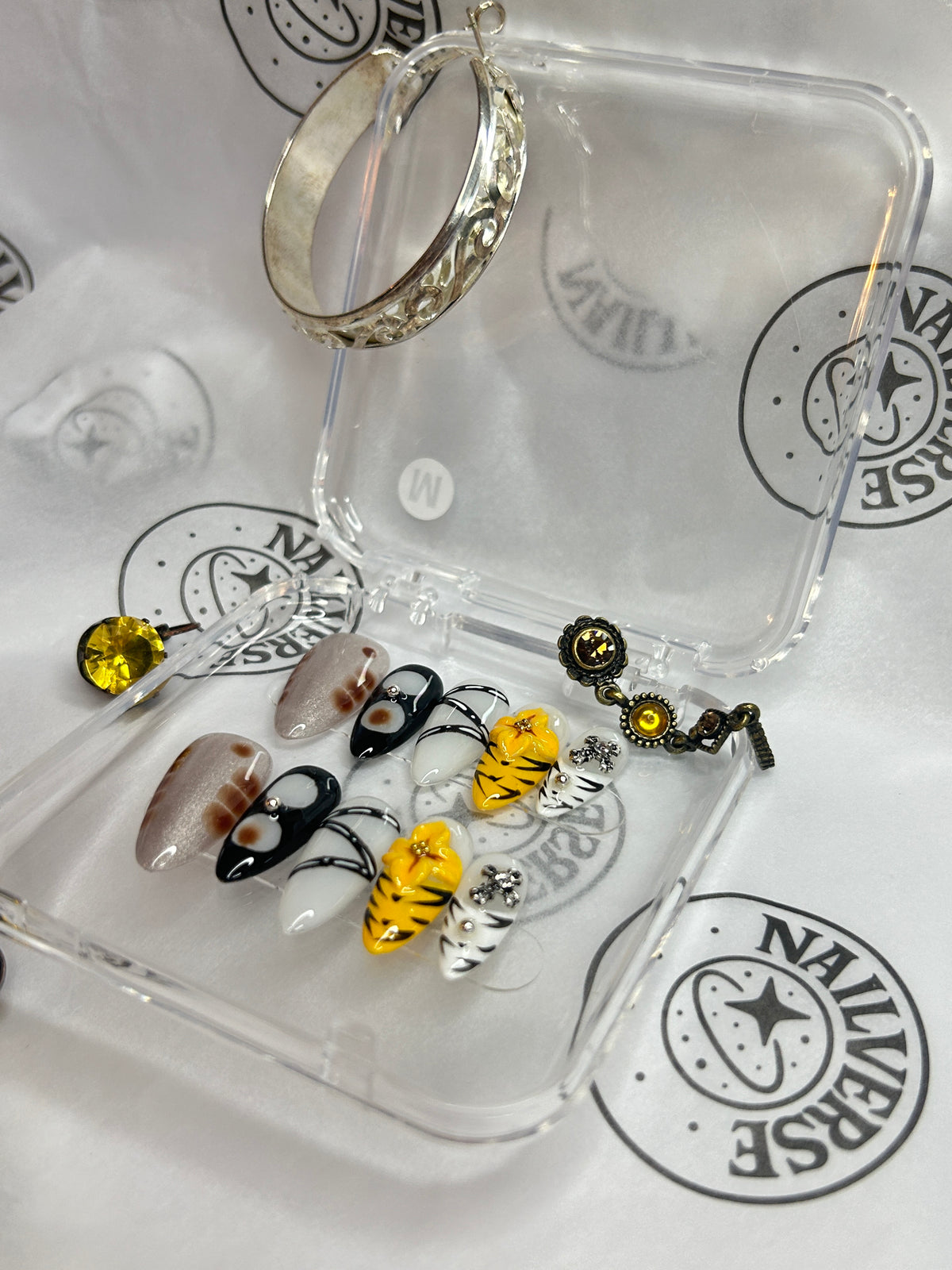 Black White Yellow Floral Press-On Nails