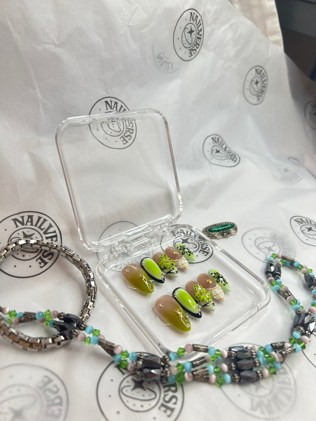 Handmade Press-On Nails – Green & Gold Floral Design