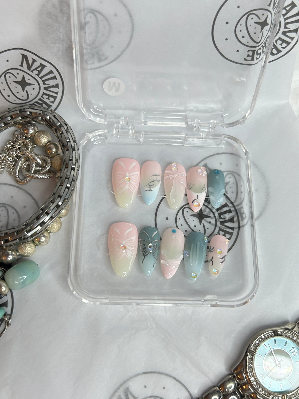 Pastel Ombre French Tip Press-On Nails with Butterfly Design