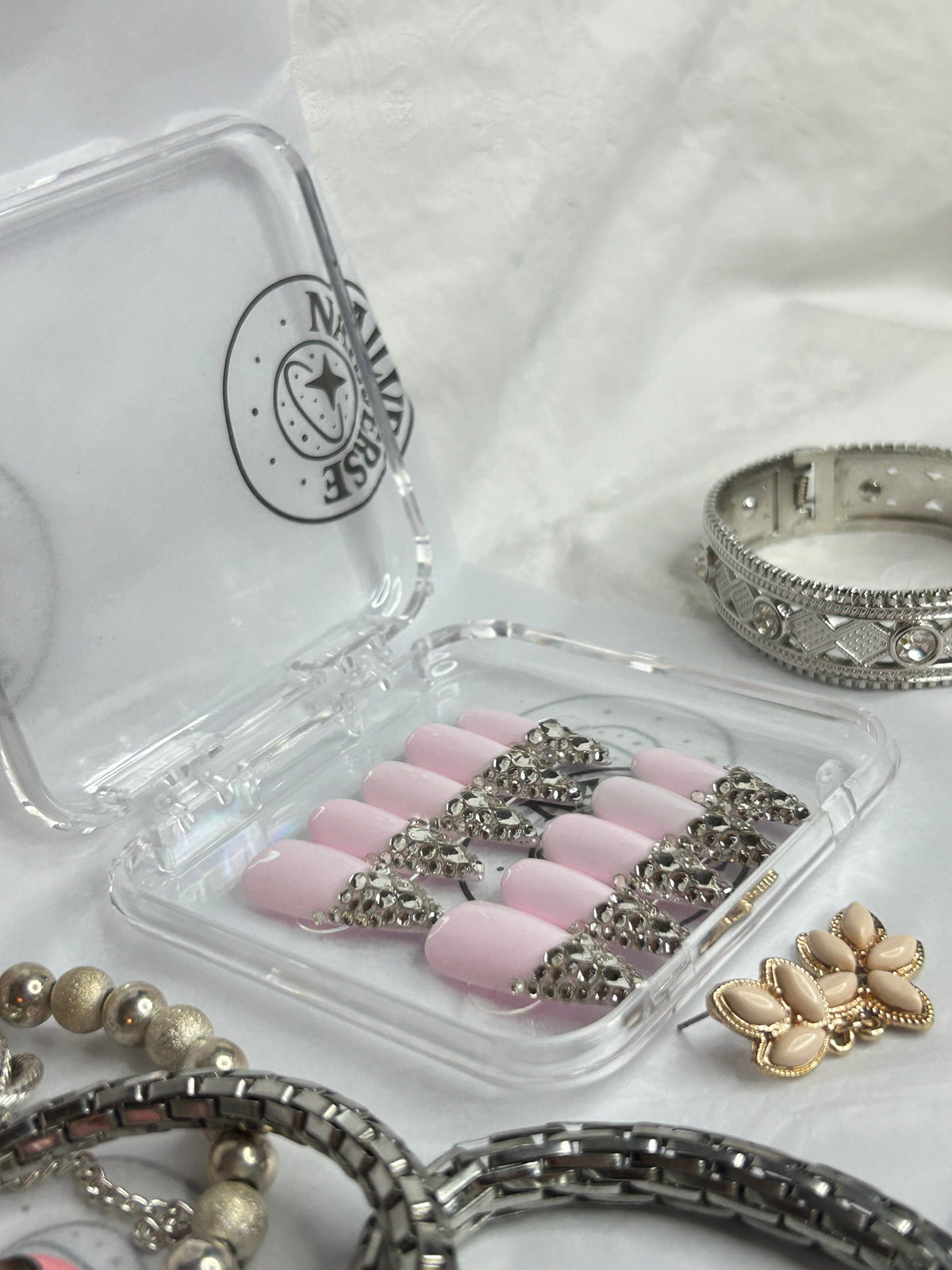 Pink Pearl Rhinestone Press-On Nails