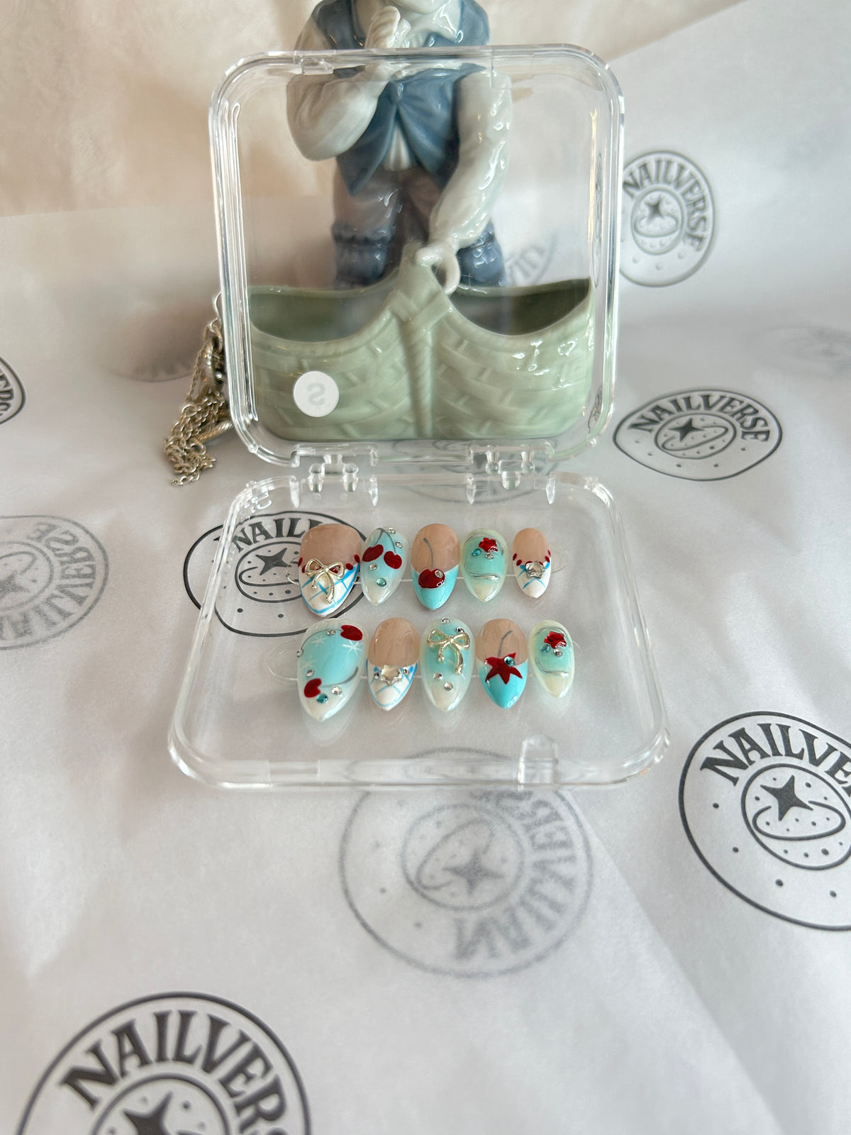 Handmade Blue & Orange Floral Press-On Nails