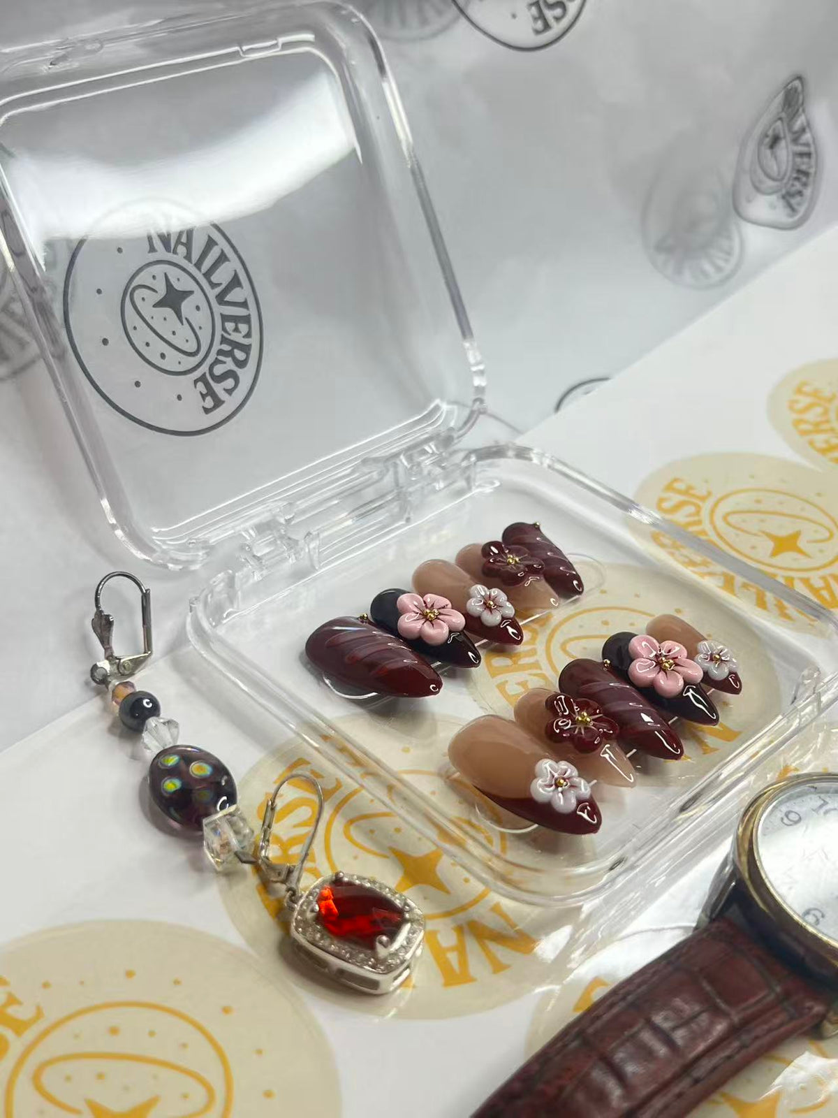 Burgundy Floral Press-On Nails, Handmade False Nails