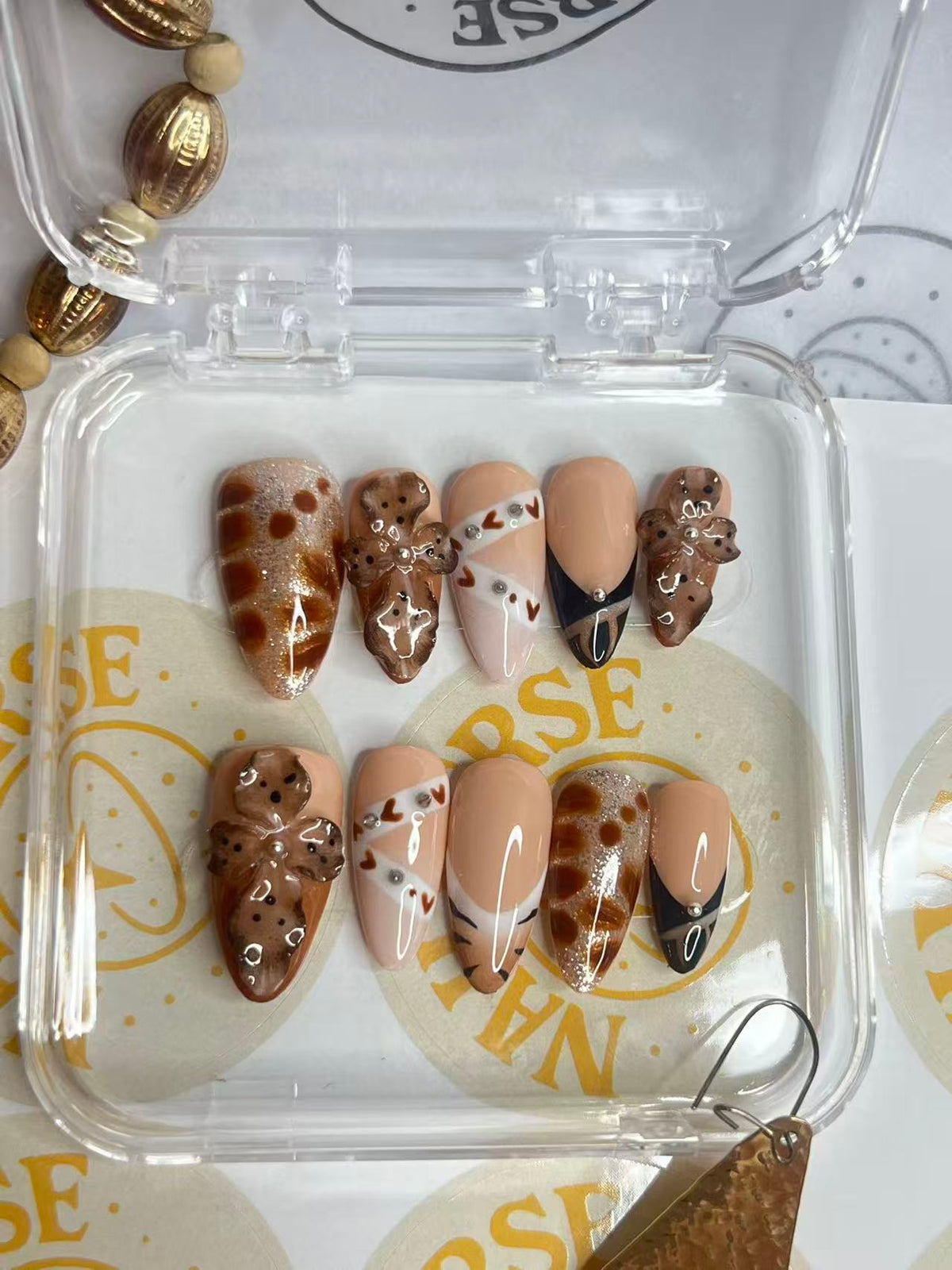 Brown Coquette Press-On Nails – Handmade 3D Bow & Heart Design