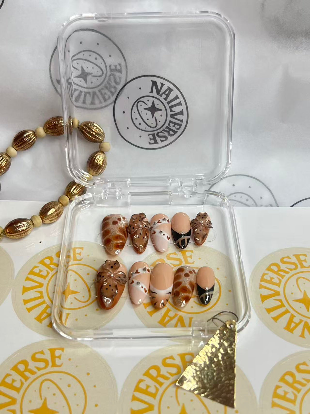 Brown Coquette Press-On Nails – Handmade 3D Bow & Heart Design