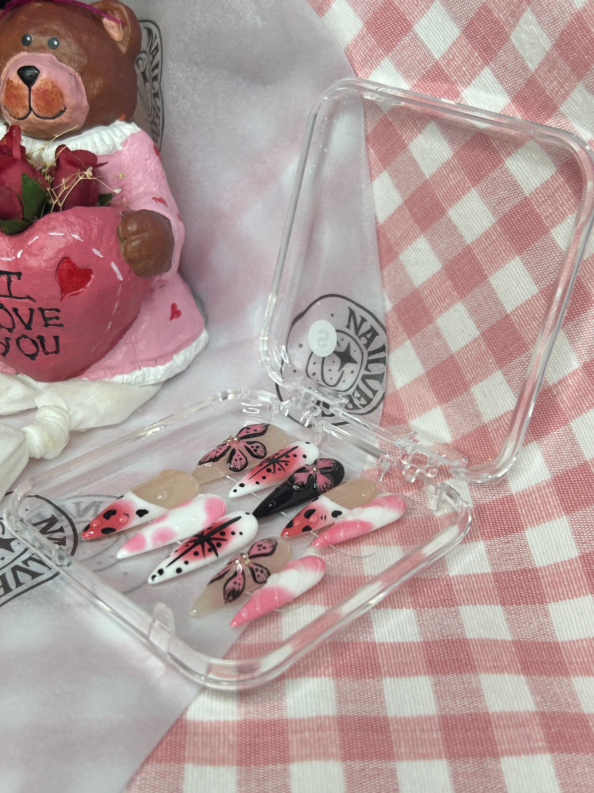 Pink Butterfly Handmade 3D Press-On Nails