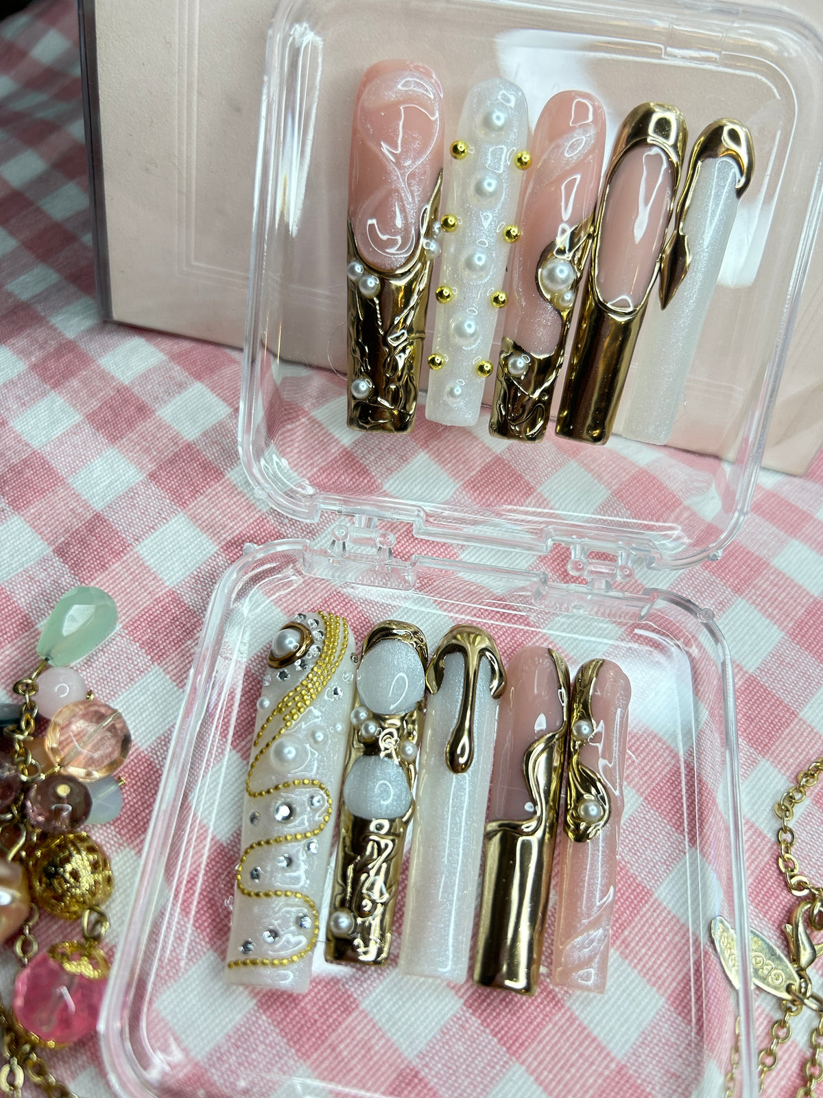 Luxury Gold Charm Press-On Nails – Nude Pink 3D Nail Set