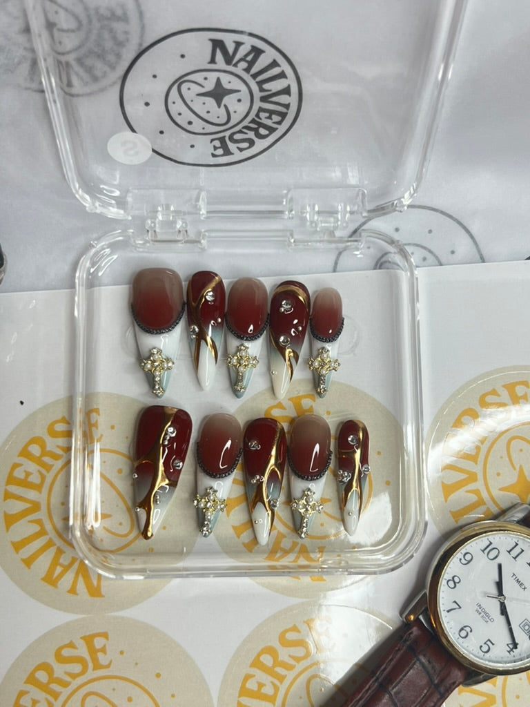 ✨ Burgundy Gold 3D Press-On Nails ✨