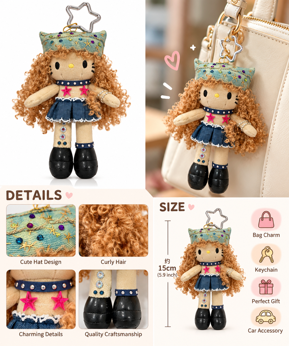 Handmade Brown Curly Hair Plush Doll Keychain