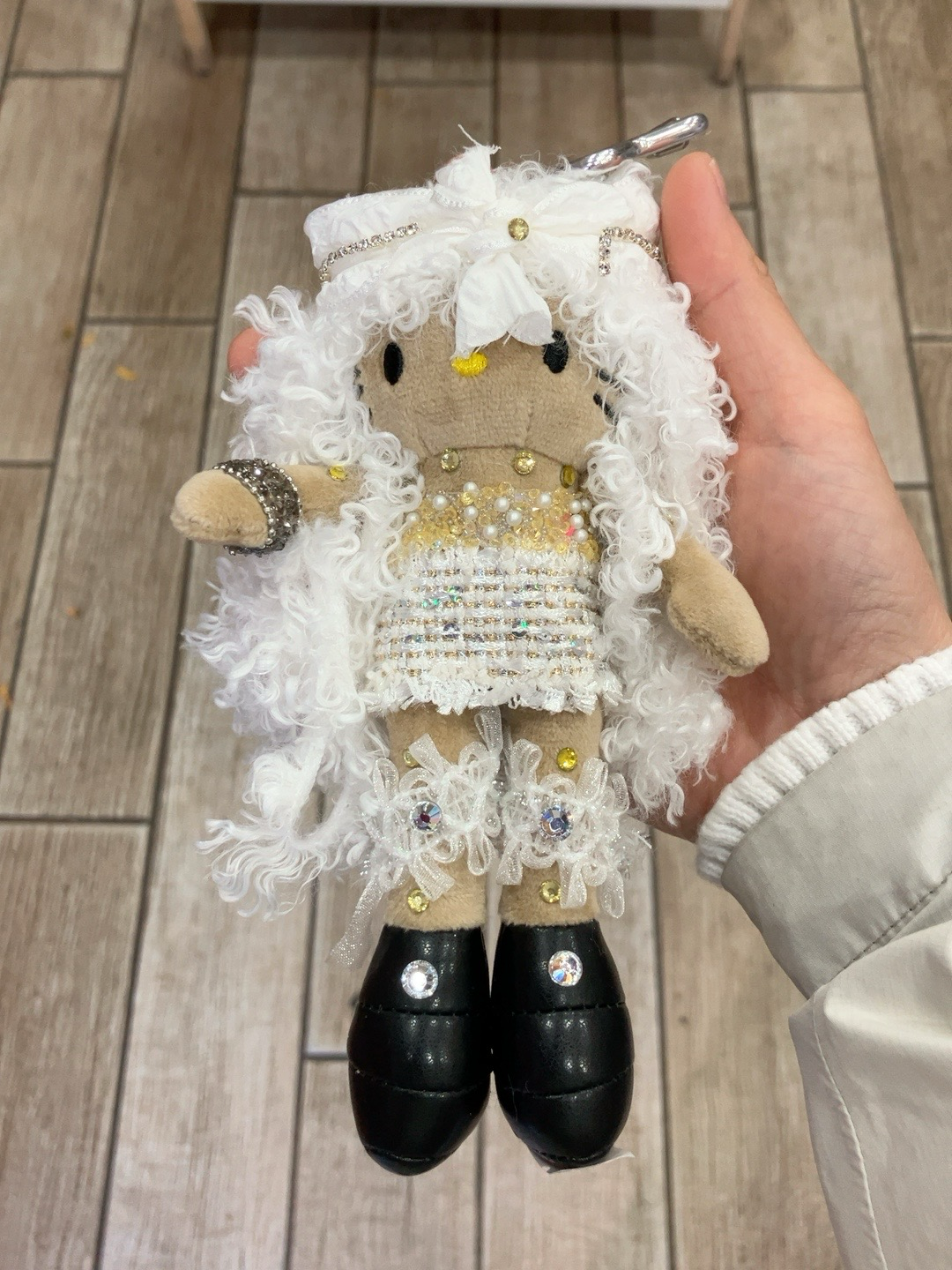 White & Gold Curly Hair Plush Doll Keychain