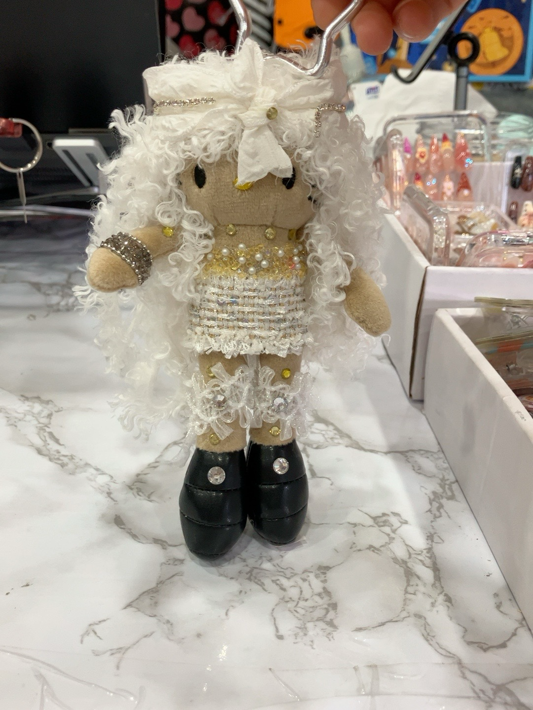 White & Gold Curly Hair Plush Doll Keychain