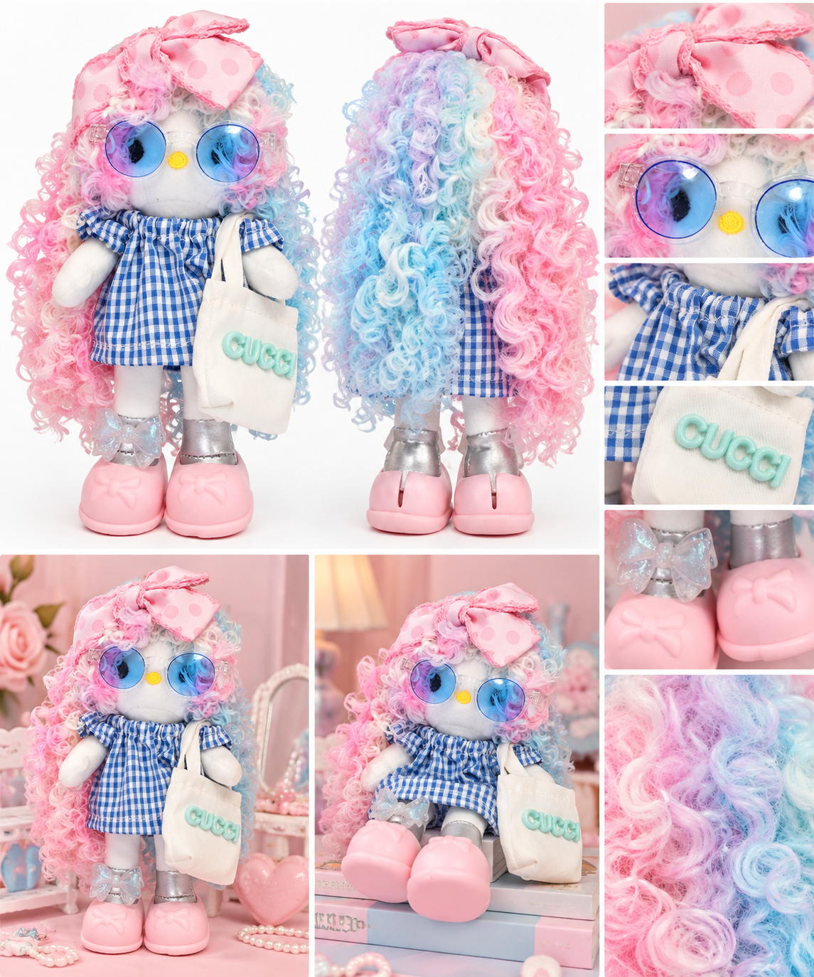 Cute Pink & Blue Plush Doll with Glasses