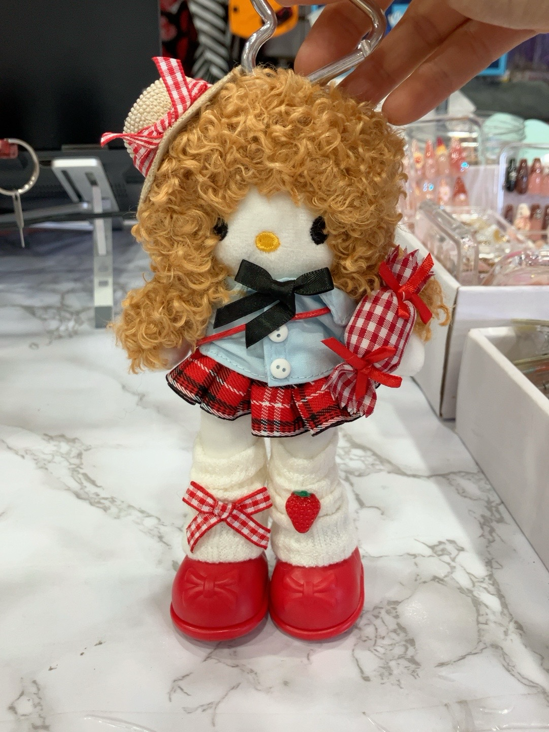 Handmade Plush Doll Keychain – Red & White