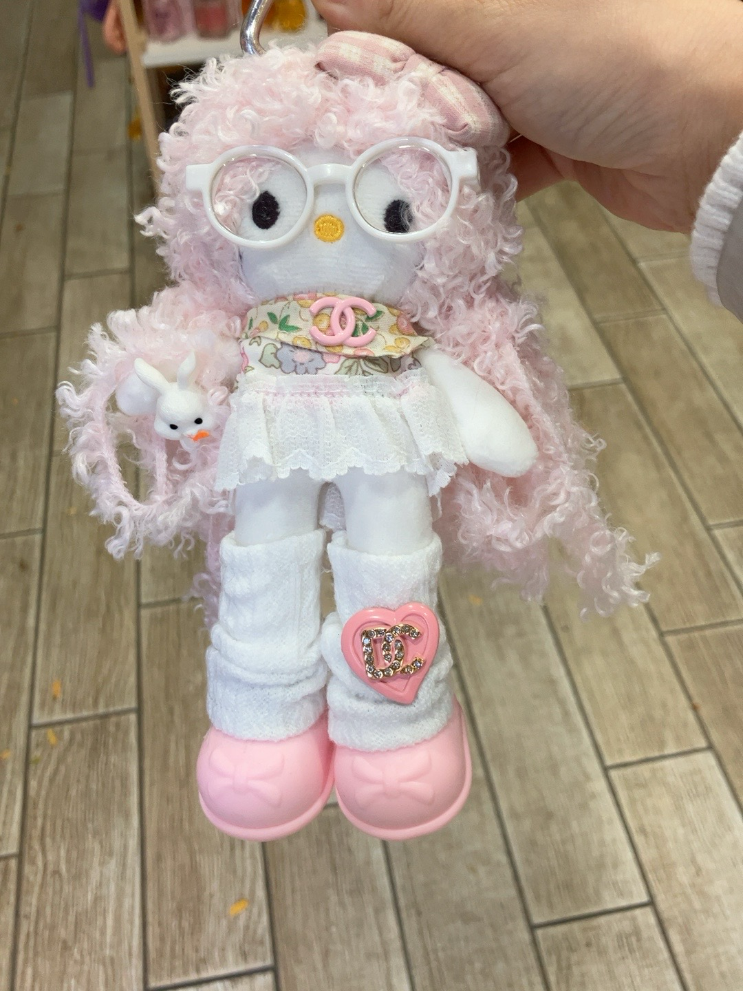 Cute Pink Plush Doll with Glasses & Outfit