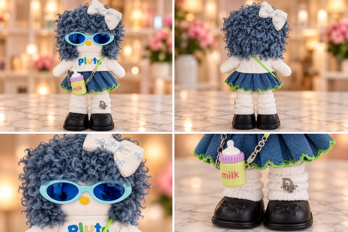 Handmade Blue Curly Hair Plush Doll Keychain