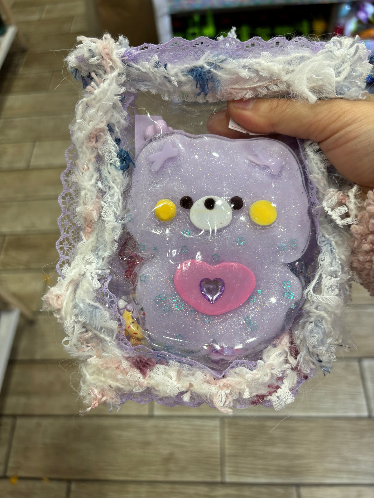 Purple Teddy Bear Squishy Toy – Pink Heart Kawaii Design
