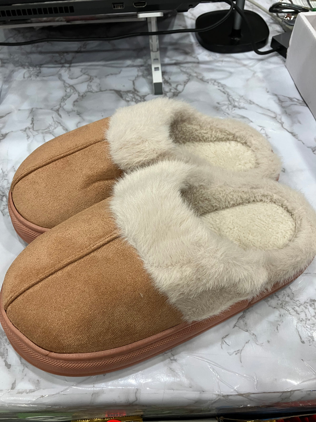 Women's Cozy Fuzzy Lined Slippers – Brown Suede Style Indoor House Shoes