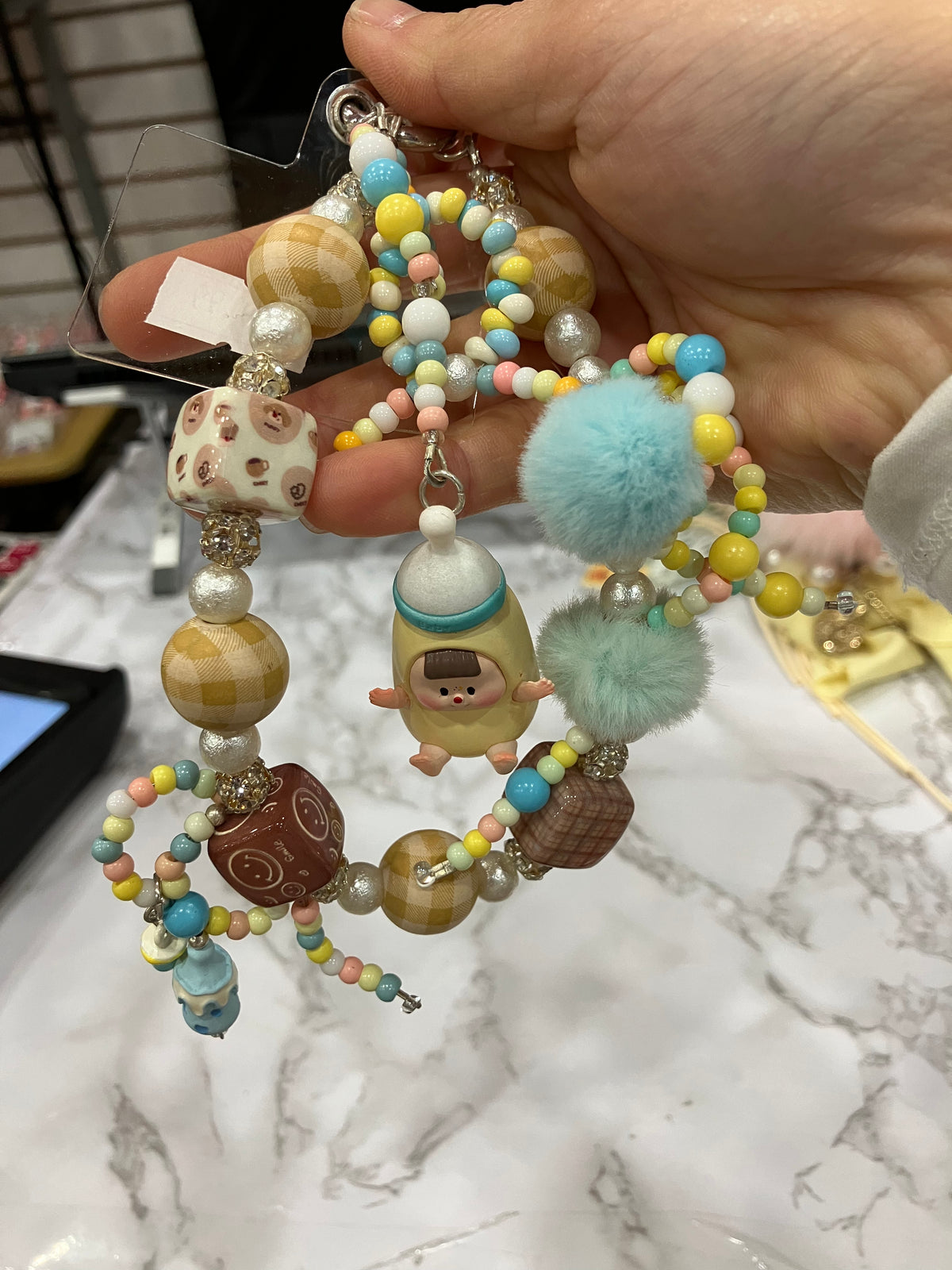 Colorful Beaded Bag Charm with Pom Poms & Cute Pendants