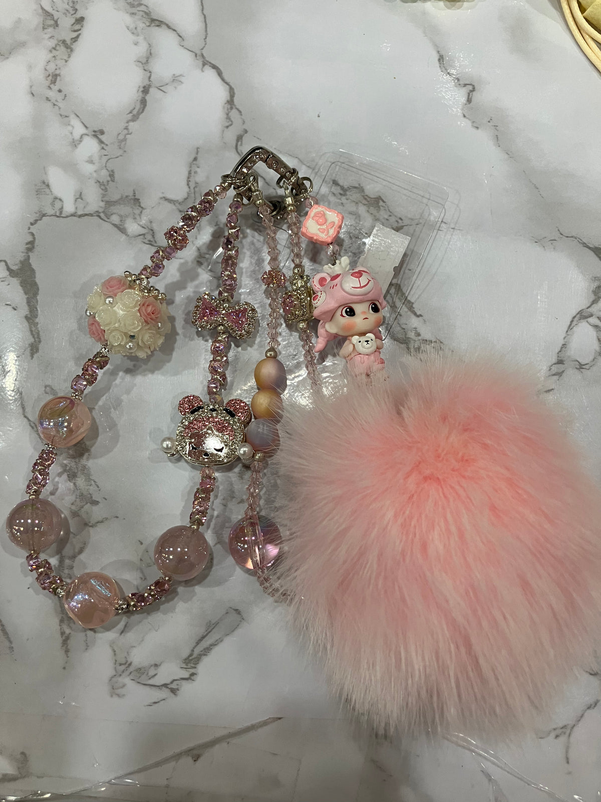 Pink Fluffy Pom Pom Beaded Bag Charm & Keychain