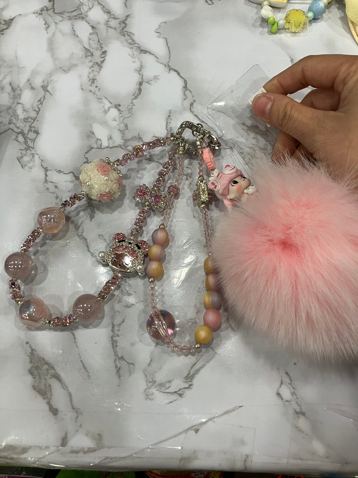 Pink Fluffy Pom Pom Beaded Bag Charm & Keychain