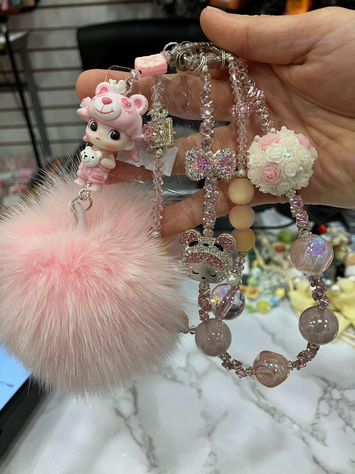 Pink Fluffy Pom Pom Beaded Bag Charm & Keychain