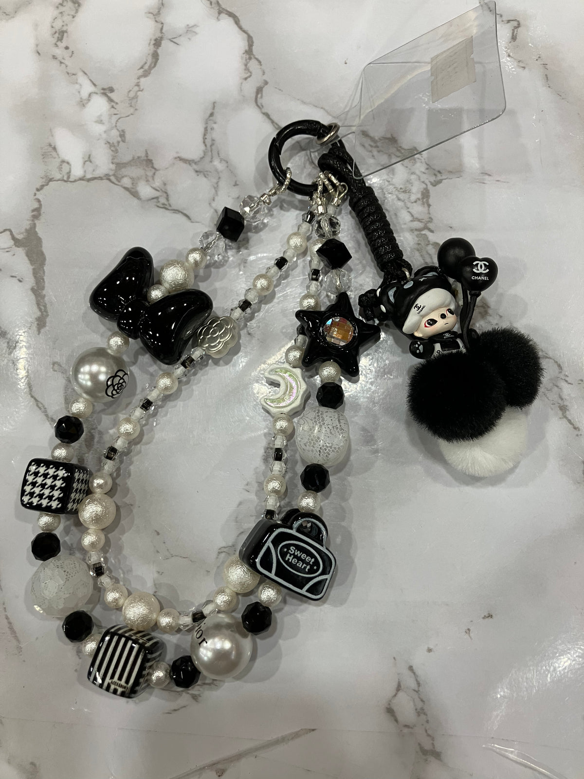 Black & White Pearl Beaded Bag Charm with Pom Poms