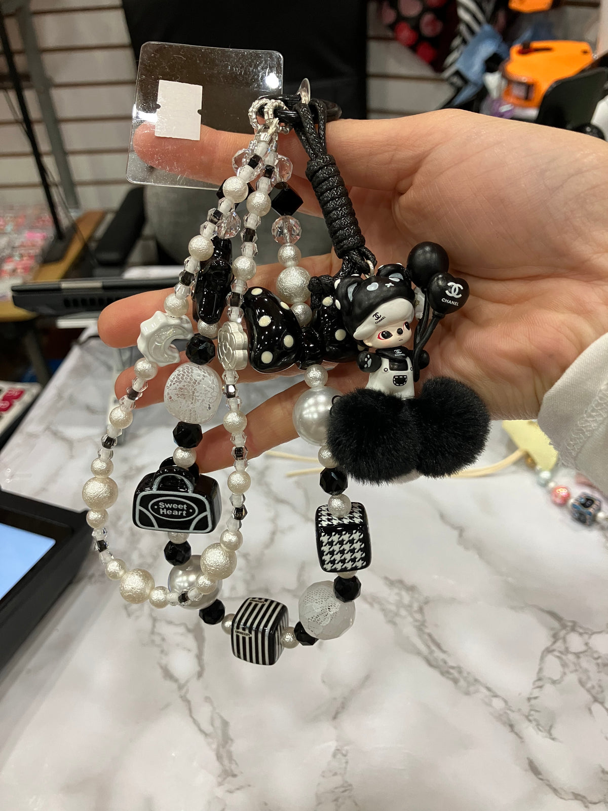 Black & White Pearl Beaded Bag Charm with Pom Poms