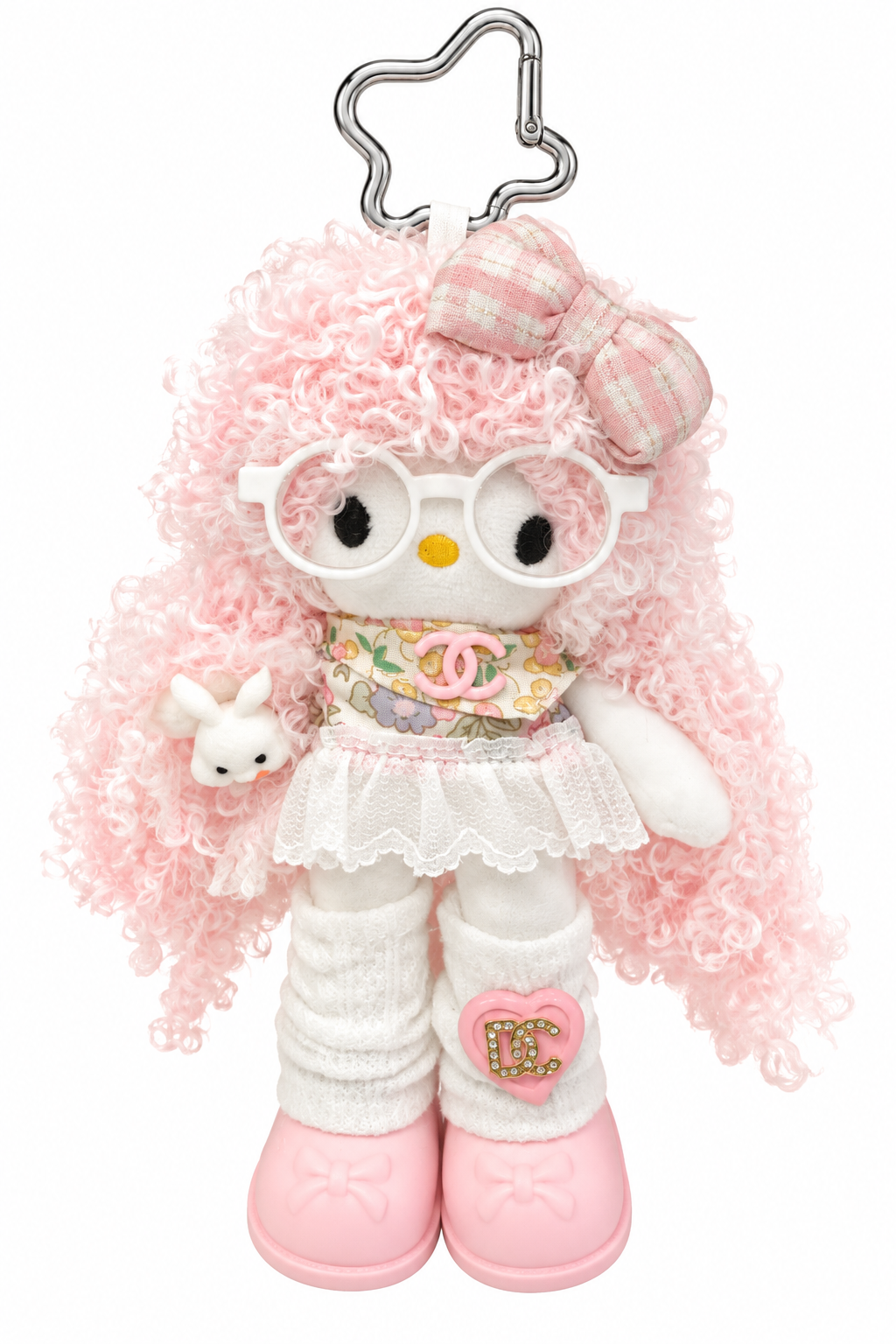 Cute Pink Plush Doll with Glasses & Outfit