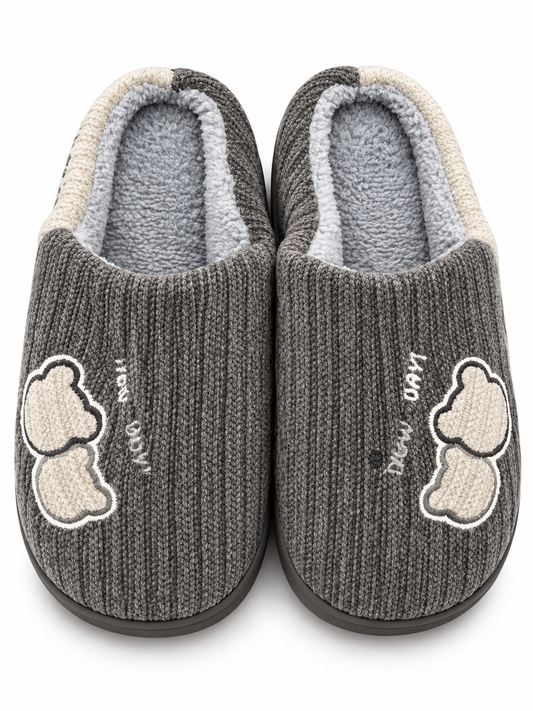 Cute Gray Knit Slippers with Plush Lining – Cozy Indoor House Shoes