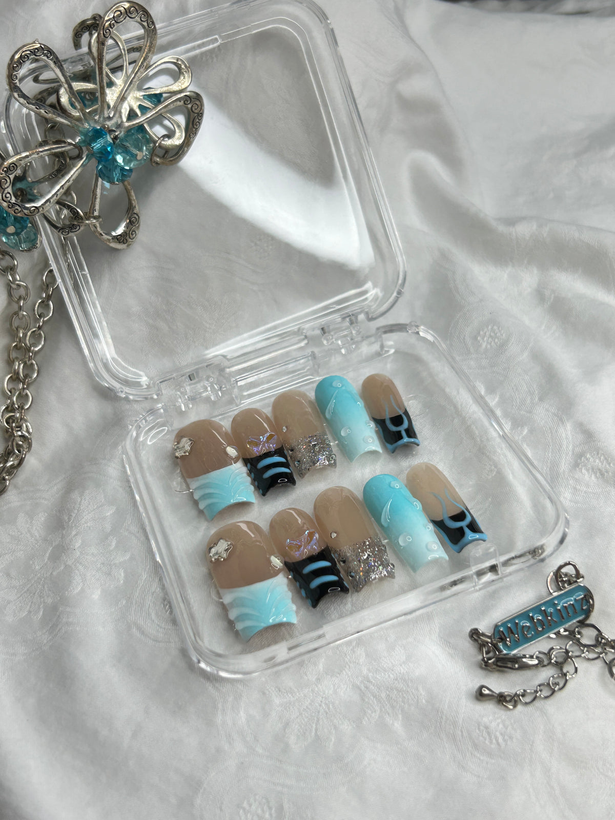 Blue & Black Handmade Press-On Nails Set – Short Length