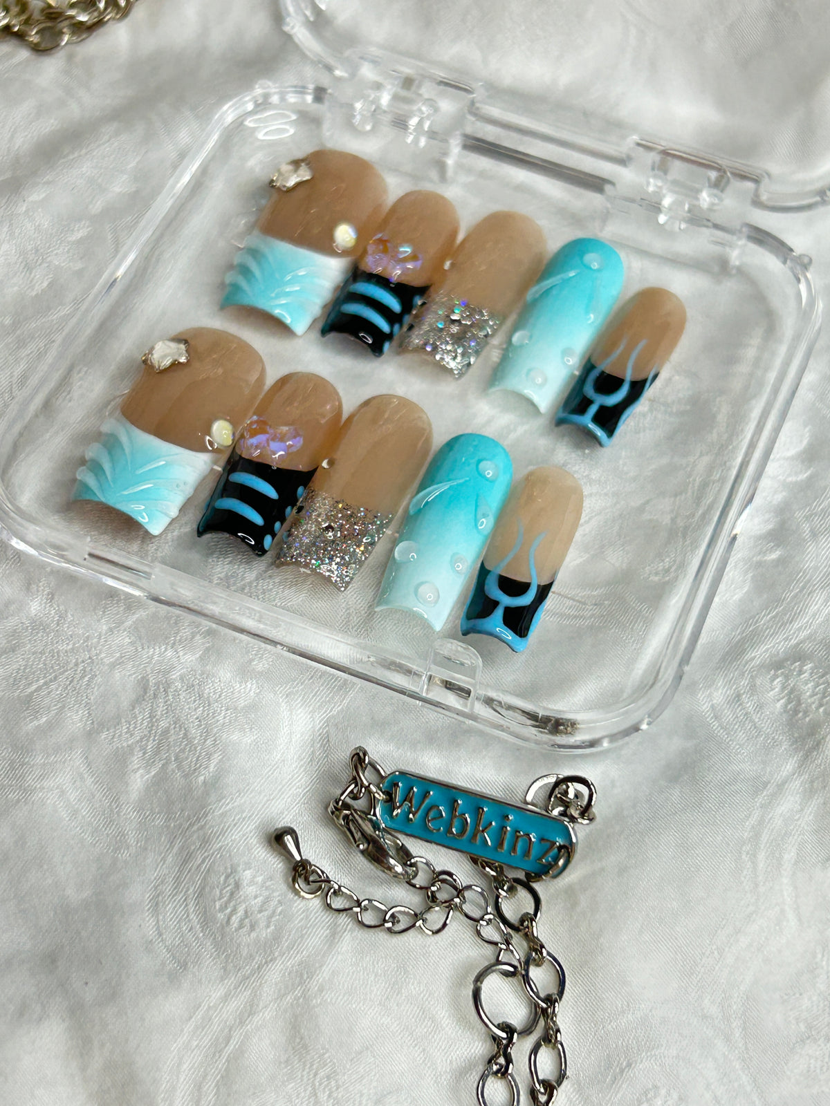 Blue & Black Handmade Press-On Nails Set – Short Length