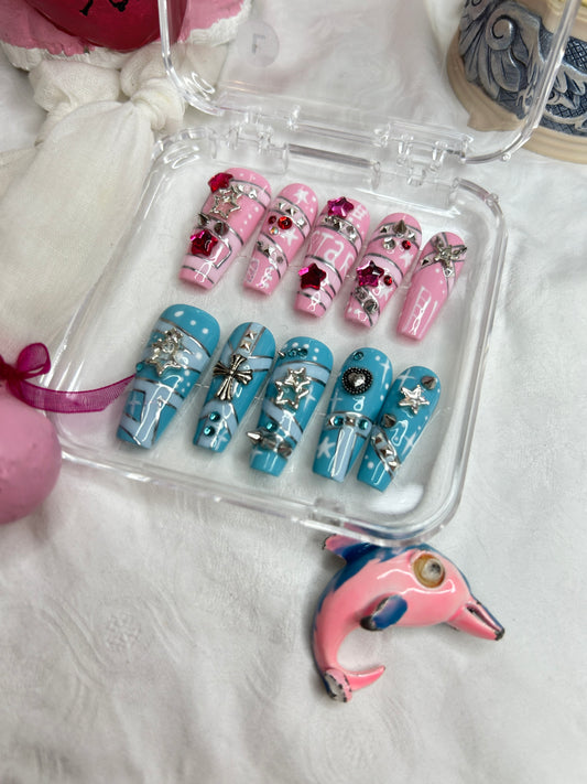 Pink & Blue Love Heart Press-On Nails Set