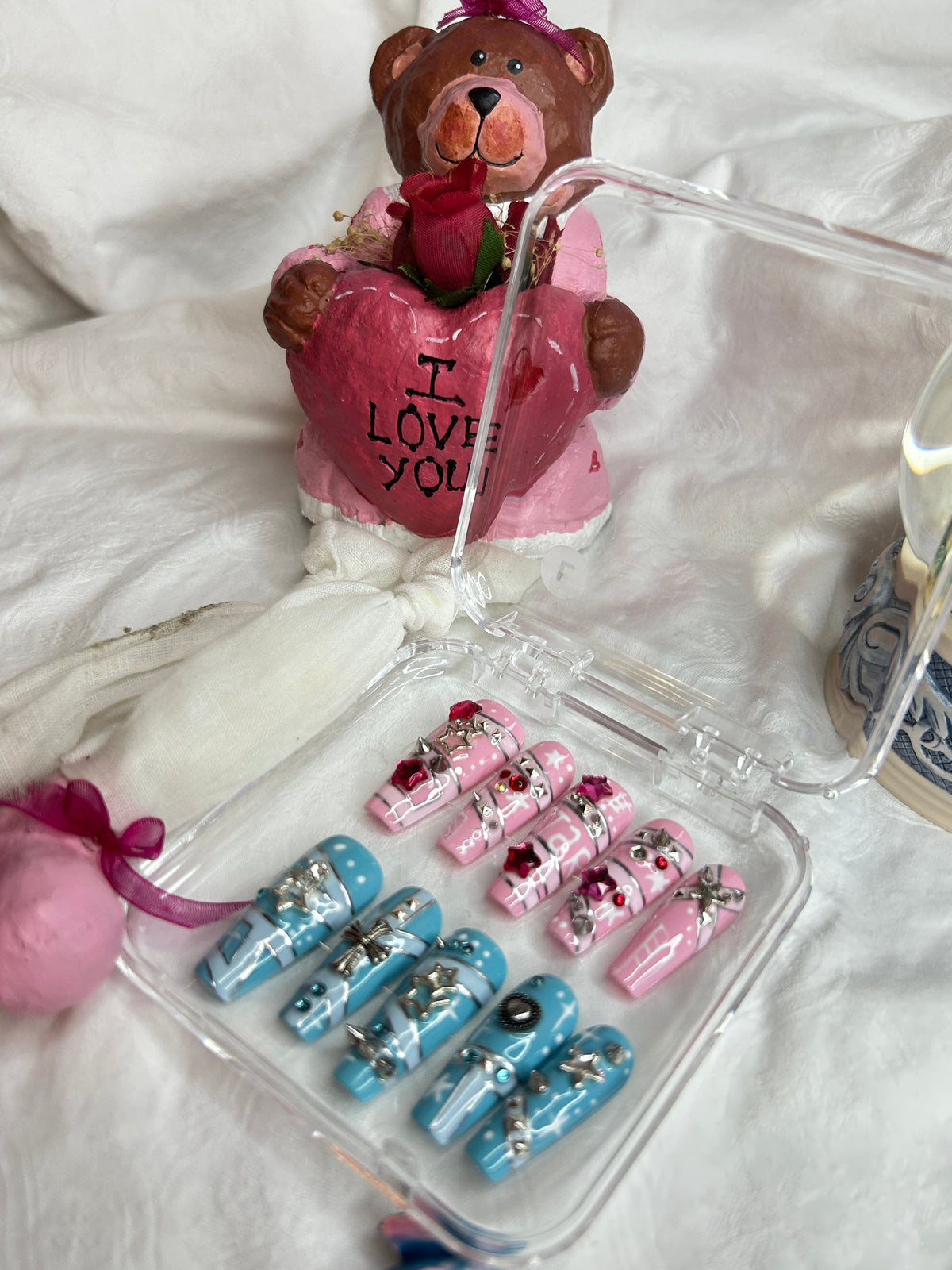 Pink & Blue Love Heart Press-On Nails Set