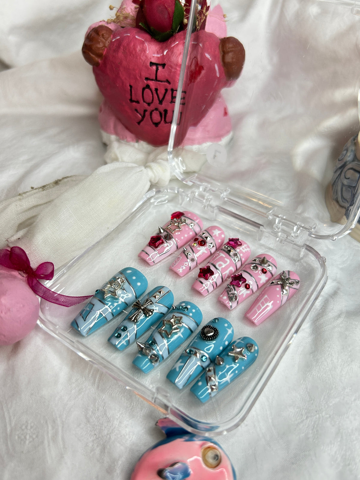 Pink & Blue Love Heart Press-On Nails Set