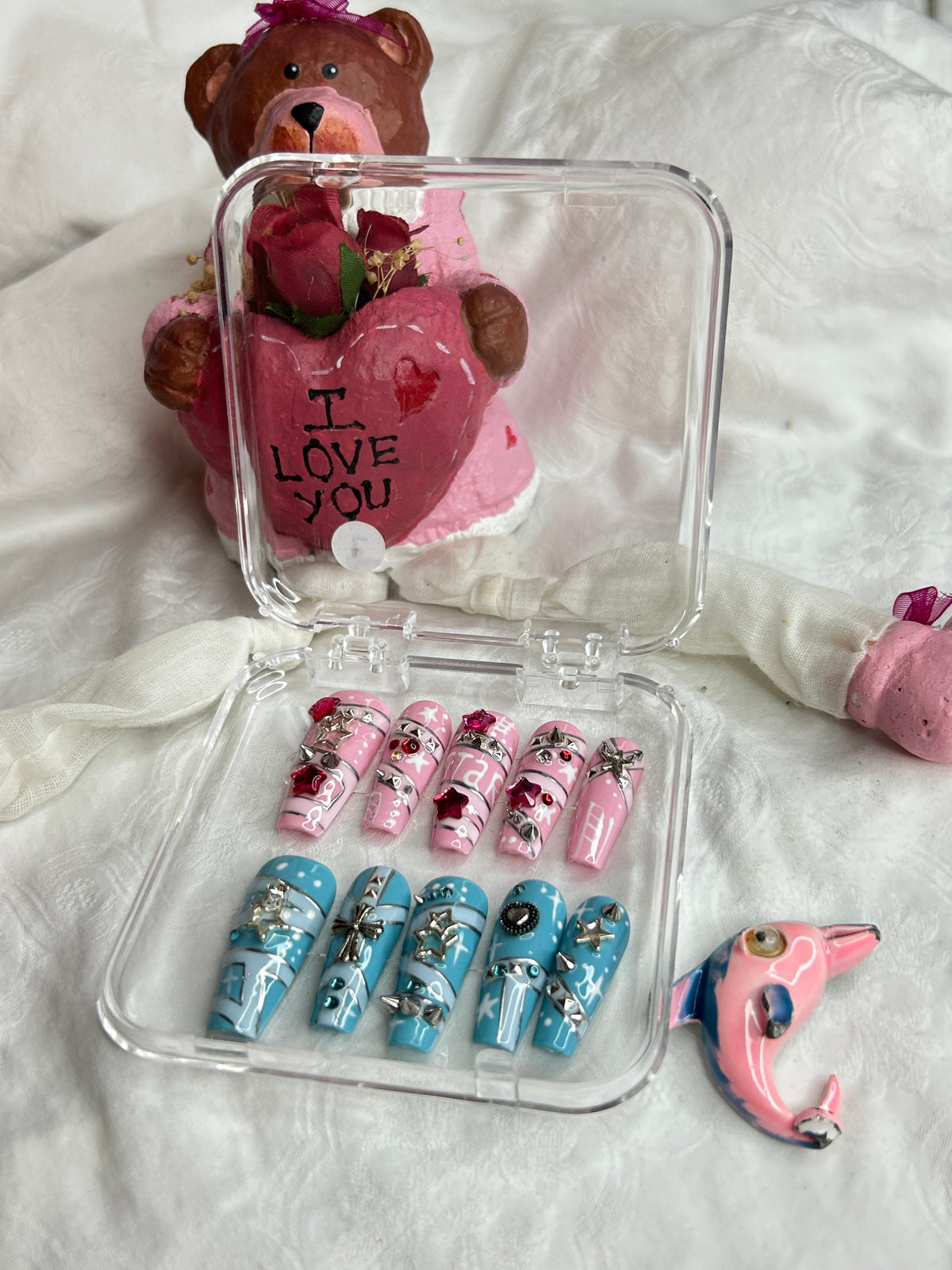 Pink & Blue Love Heart Press-On Nails Set