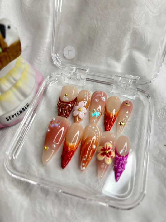 Coral Floral Press-On Nails Set