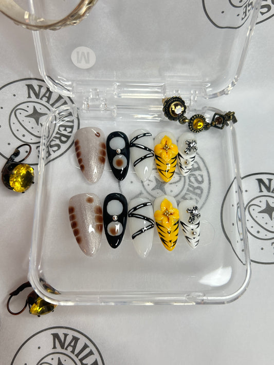 Black White Yellow Floral Press-On Nails