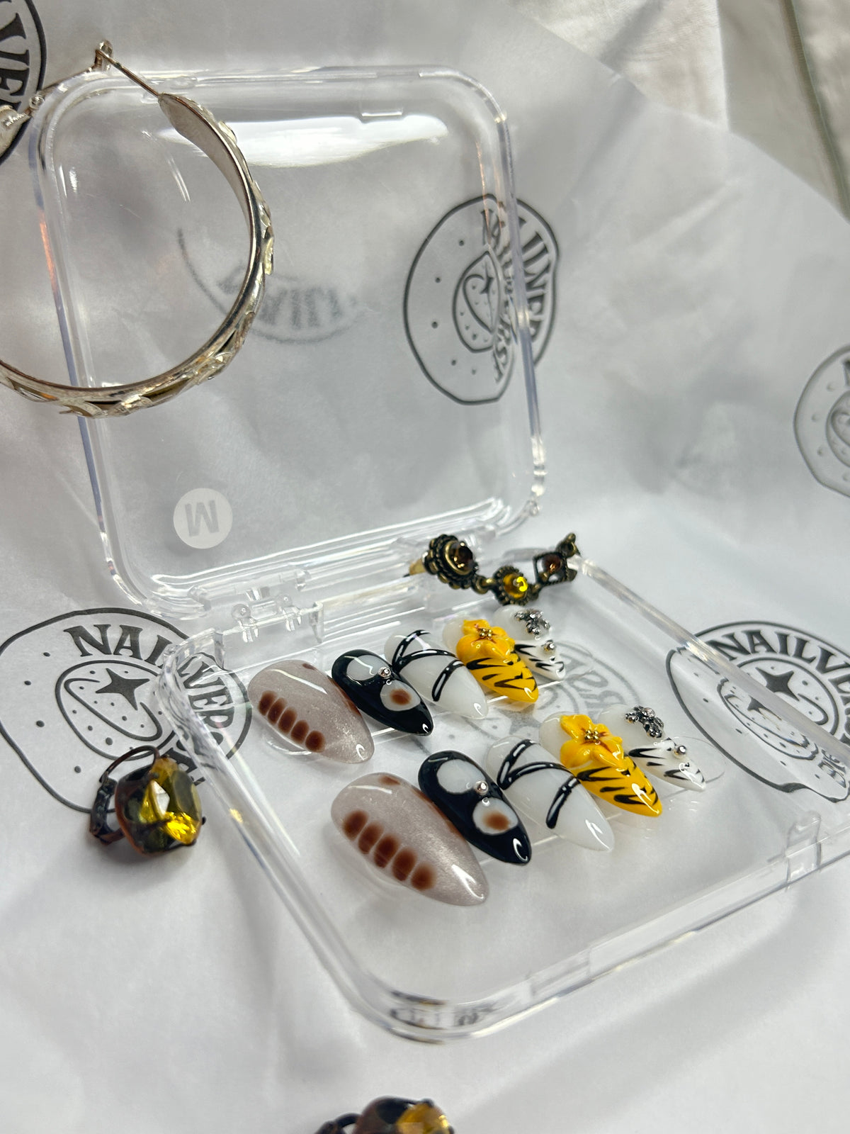 Black White Yellow Floral Press-On Nails