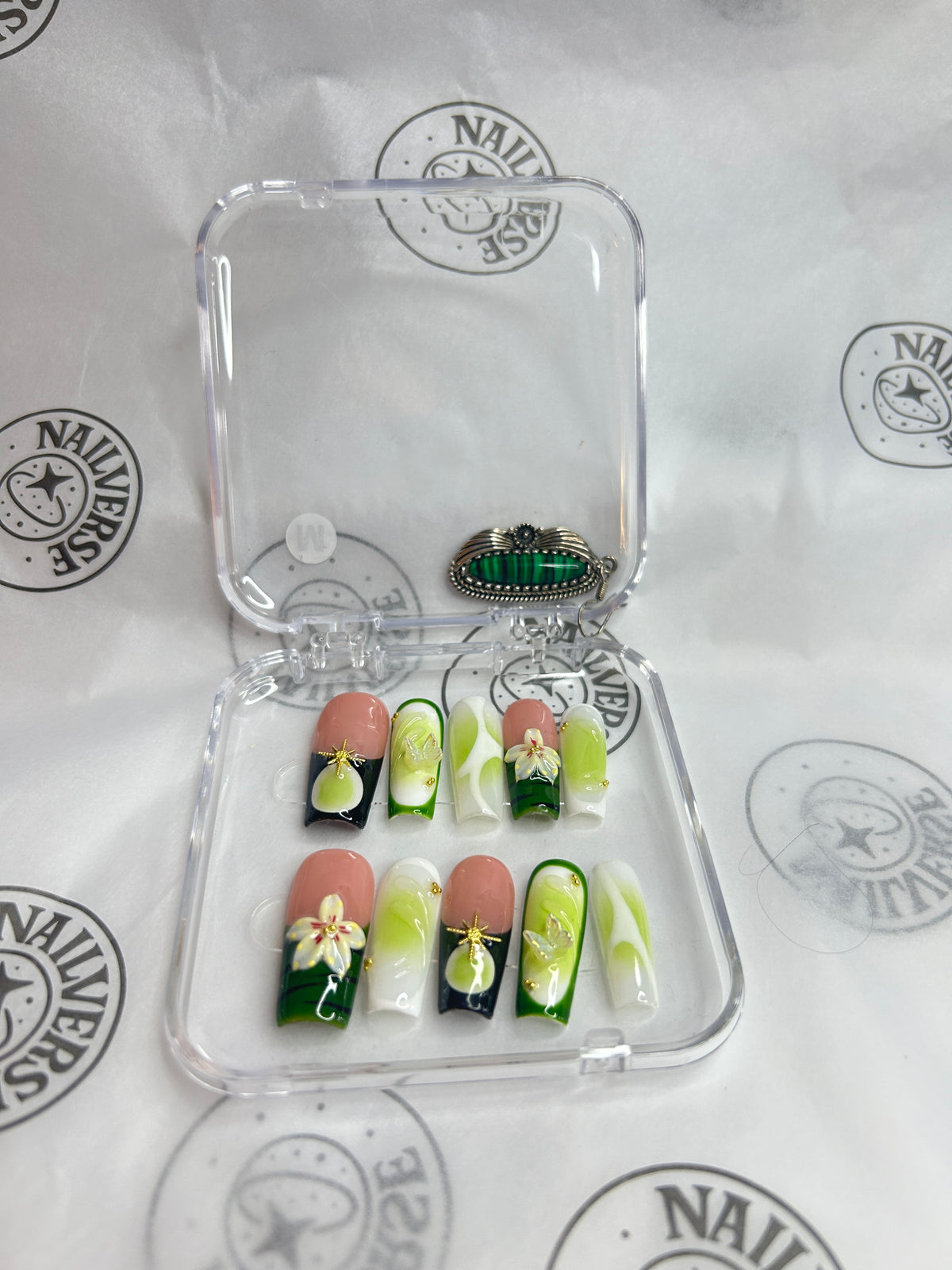 Handmade Press-On Nails Set – Green Floral Design, Reusable False Nails with 3D Flower Details