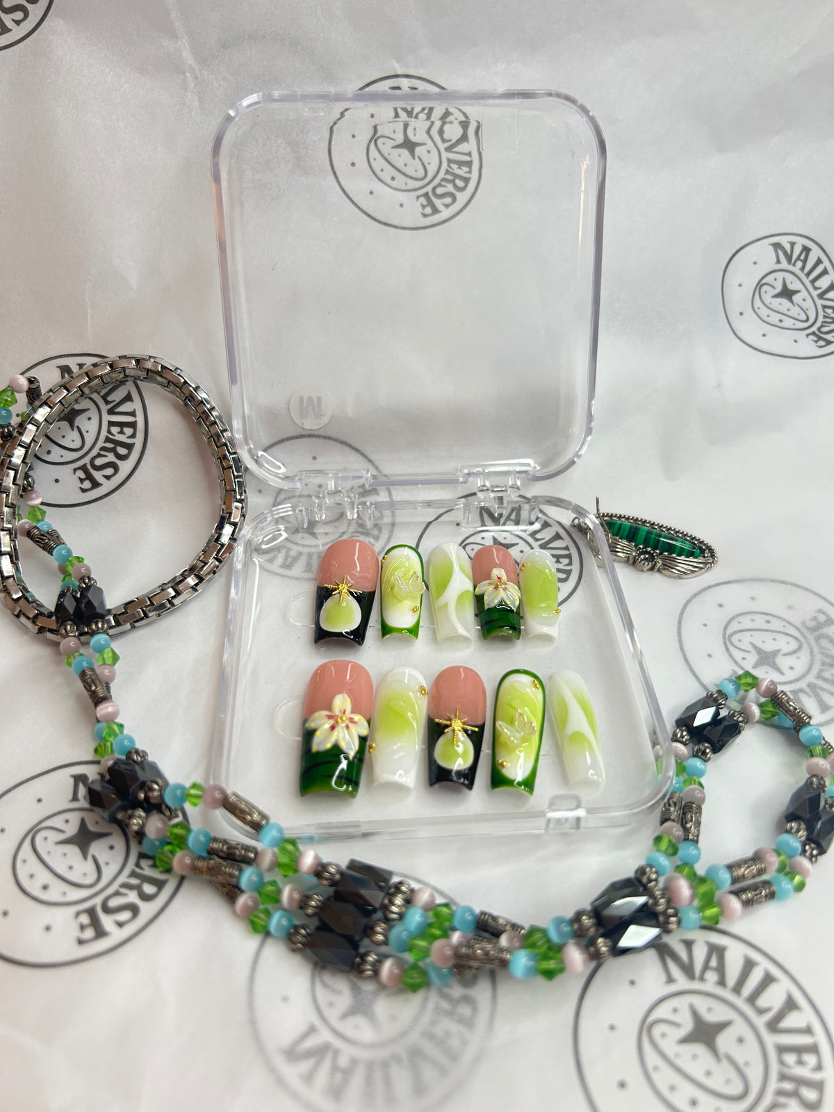 Handmade Press-On Nails Set – Green Floral Design, Reusable False Nails with 3D Flower Details