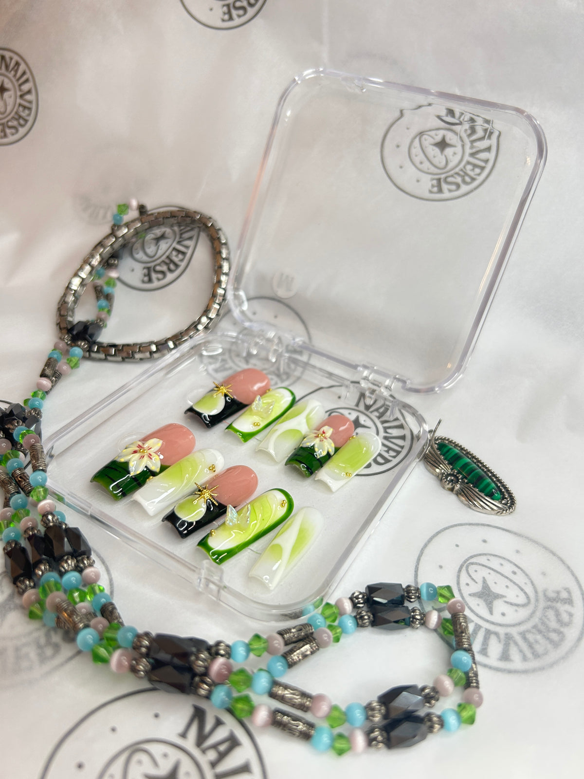 Handmade Press-On Nails Set – Green Floral Design, Reusable False Nails with 3D Flower Details