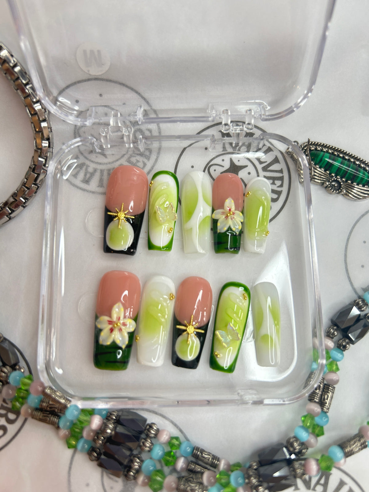 Handmade Press-On Nails Set – Green Floral Design, Reusable False Nails with 3D Flower Details