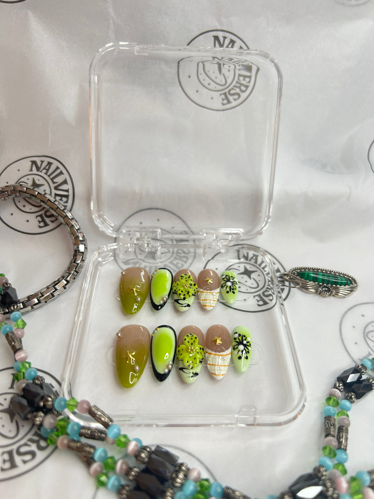 Handmade Press-On Nails – Green & Gold Floral Design